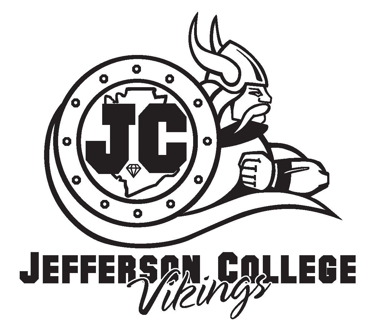 Black Jefferson College Viking Logo With County Outline and Writing