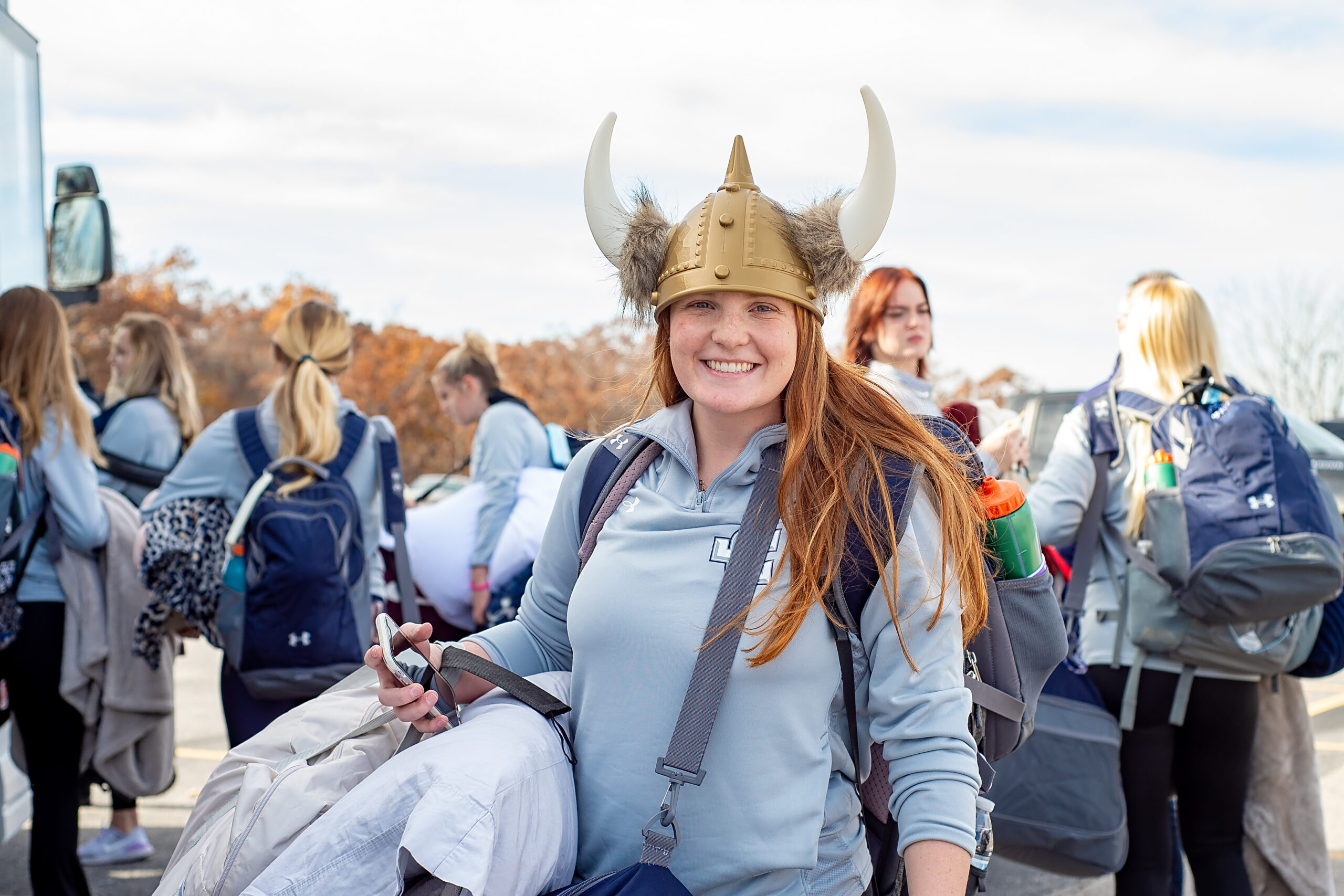 Student athlete in viking helmet.